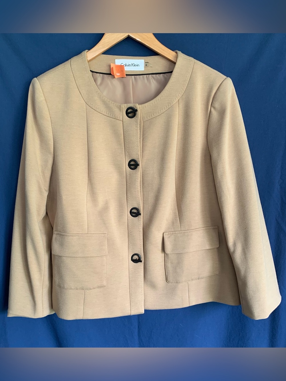 Calvin Klein Beige Collarless Metal Toggle Closure Blazer